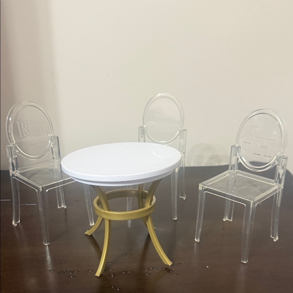 Rainbow High Doll Clear Acrylic Chairs with Gold Table and Chairs